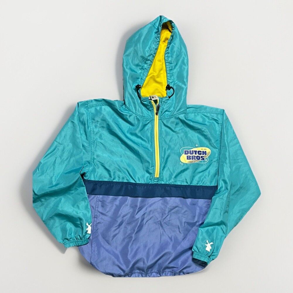 Dutch Bros Teal Colorblock Windbreaker Nylon Hooded Jacket XS